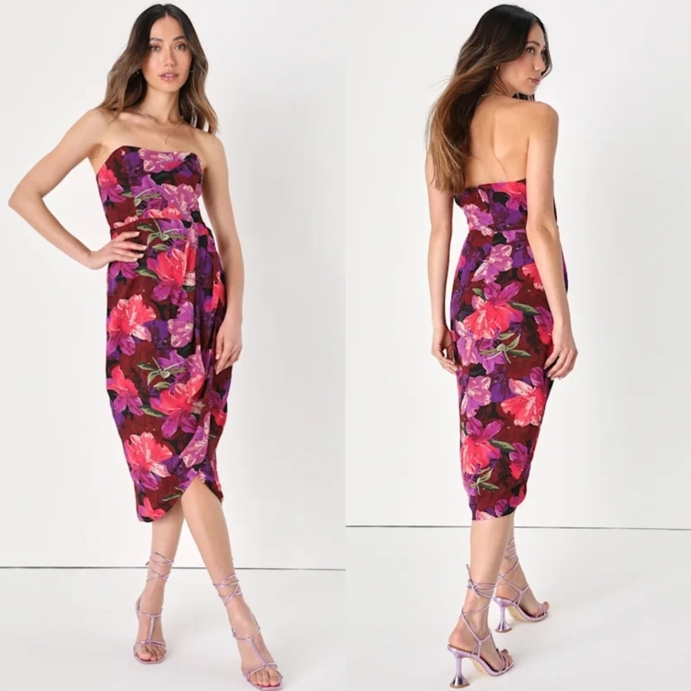 New Lulus Effortless Charm Floral Strapless Faux Wrap Tulip Hem Midi Dress